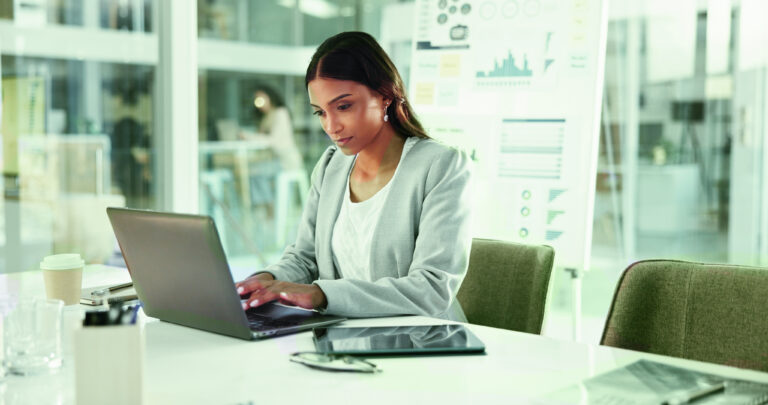 Business,,Woman,And,Typing,On,Laptop,At,Desk,For,Account